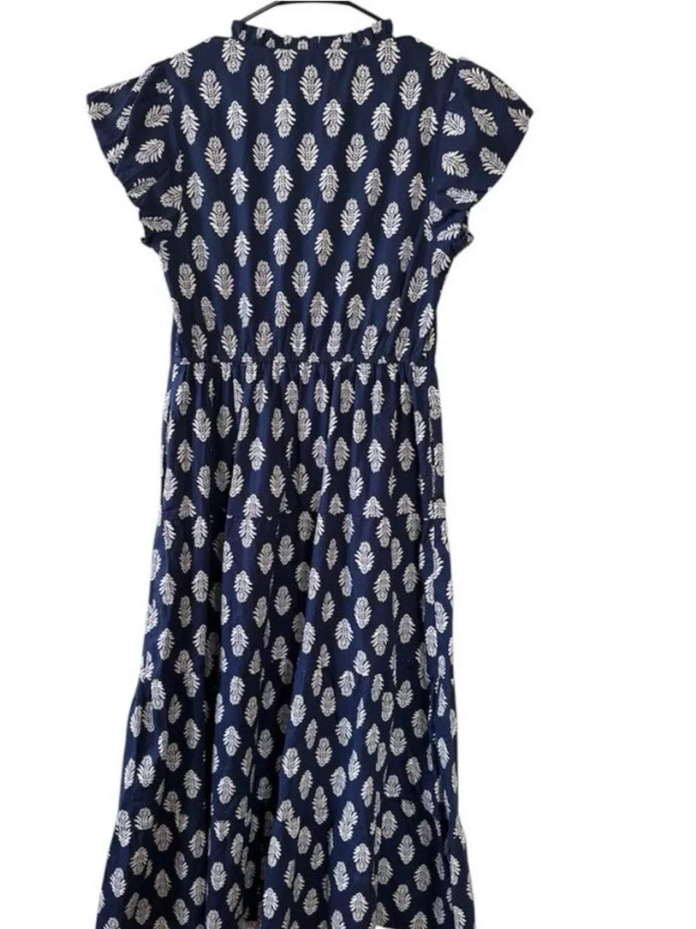 J. Crew Navy Blue Printed Midi Dress with Puff Sleeves, V-Neck and pockets!